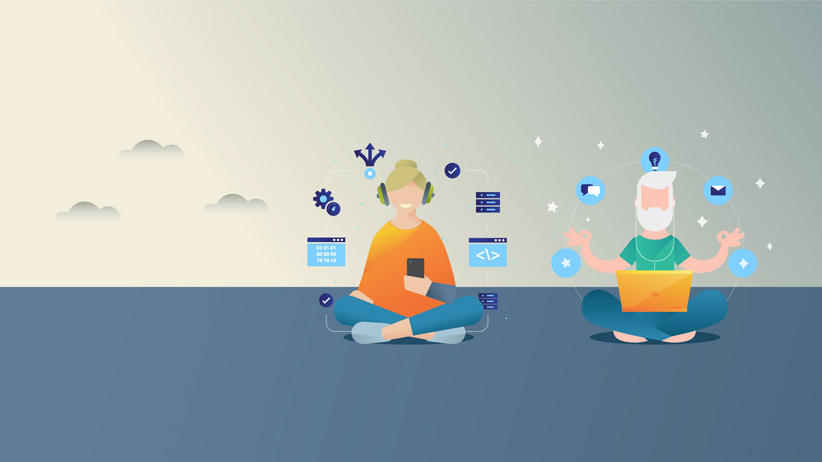 Two people with ideas sitting on the floor in a yoga pose.